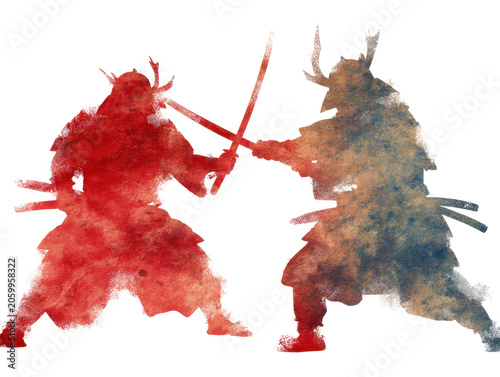 Watercolor Illustration of Two Samurai Warriors Engaged in Sword Fight