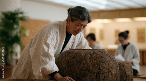 Chief conservator at a Southeast Asian national museum arranging displaced colonial-era artifacts into a new permanent decolonized gallery, wall text being installed, community