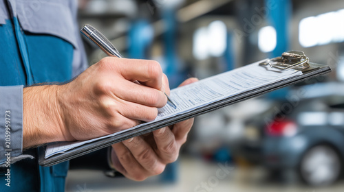 Automotive technician completing vehicle inspection checklist on clipboard inside professional auto repair garage. Car service documentation, maintenance report and quality control concept.