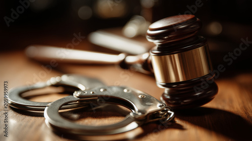 Judge gavel beside metal handcuffs representing criminal justice, law enforcement, prosecution, arrest and courtroom proceedings.
