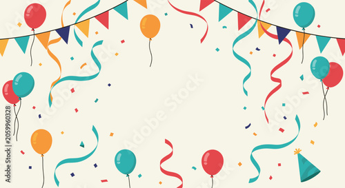 Festive celebration background with colorful balloons, bunting flags, and falling confetti for party and birthday themes.