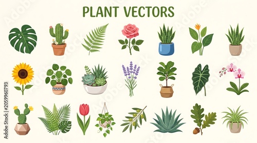 A comprehensive collection of isolated plant vectors featuring twenty-one diverse botanical illustrations against a neutral background