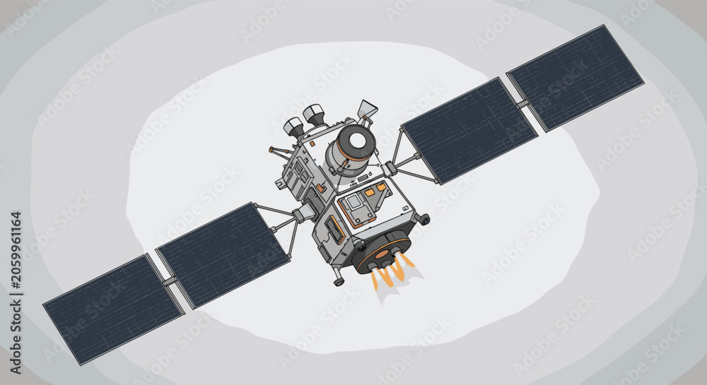 Fototapeta premium Modern space satellite with solar panels orbiting a planet while transmitting data for global communication and research.