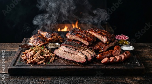 Assorted smoked barbecue meat platter with ribs brisket and sausage