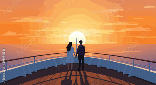 Romantic couple standing on the deck of a cruise ship while watching a stunning sunset over the vast ocean horizon.