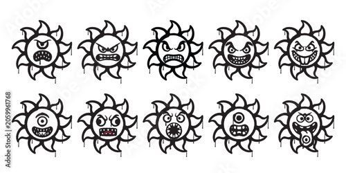Angry and Crazy Sun Character Street Graffiti Style 10 in 1 graffiti Spray Paint Sun Monster Vector Pack