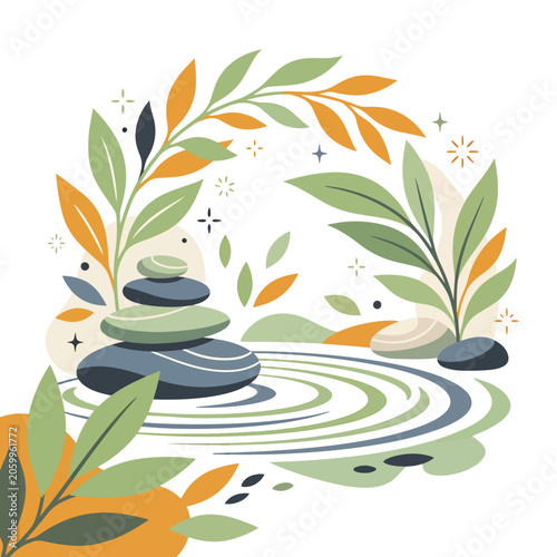 Canvas Print Zen stones and leaves in water.
