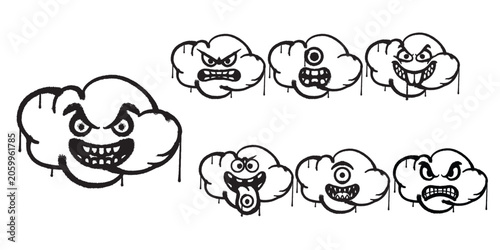 Graffiti Cloud Character Vector Pack Set Emoji Monster Cloud Stencil Spray Streetwear Urban Distro