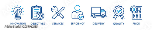 Product outline color banner icon with innovation, objectives, service, efficiency, delivery, quality, price
