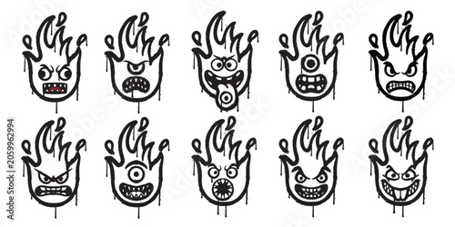 Crazy and Angry Fire Face Graffiti Style 10 in 1 Dripping Spray Paint Fire Monster Vector Pack