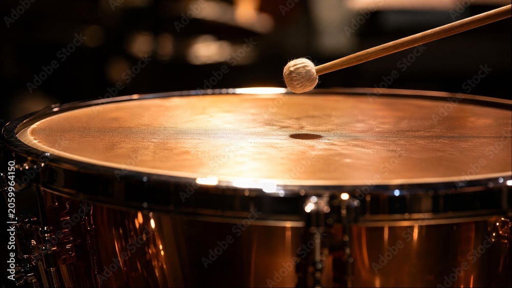 Obraz premium Close-up of a timpani drumhead with a drumstick poised just above its center.