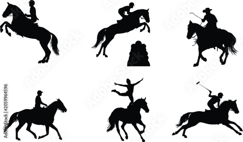 Tableau sur toile Equestrian horse rider silhouette collection featuring dressage jumping polo tri
