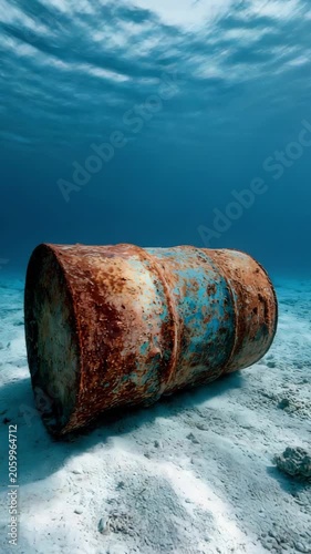 Rusty barrel on ocean floor,pollution