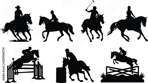 Foto Equestrian horse rider silhouette collection featuring racing jumping polo and w