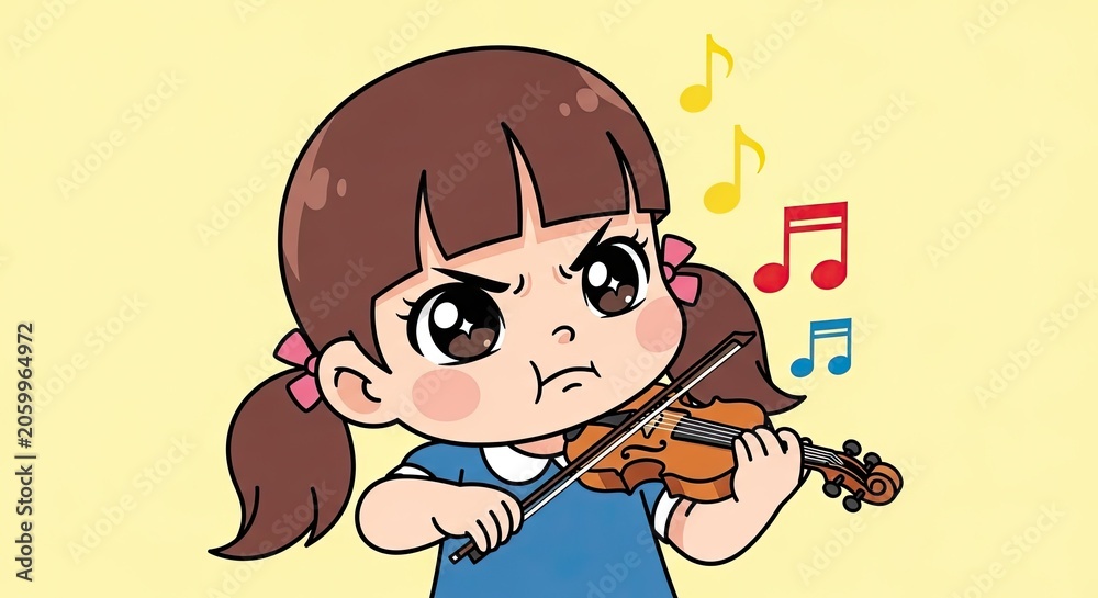 Naklejka premium Chibi girl playing violin with musical notes.