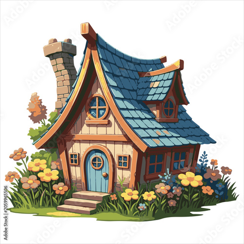 Whimsical fairytale cottage with blue roof and stone chimney surrounded by blooming flowers in a charming woodland meadow for fantasy book cover art illustrations