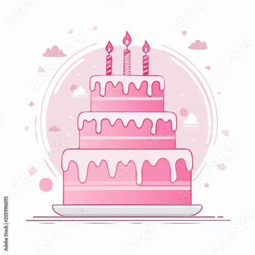 Pink Three-Tiered Birthday Cake with Candles