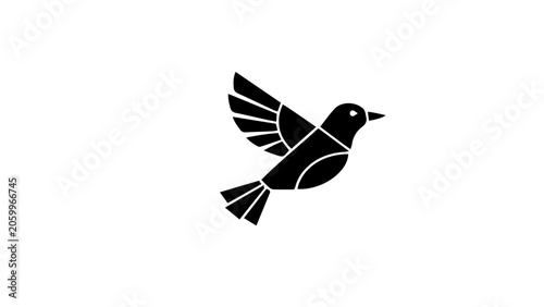 Minimalist bird flying vector icon, geometric black pigeon silhouette, modern abstract avian logo design, simple wildlife illustration for branding