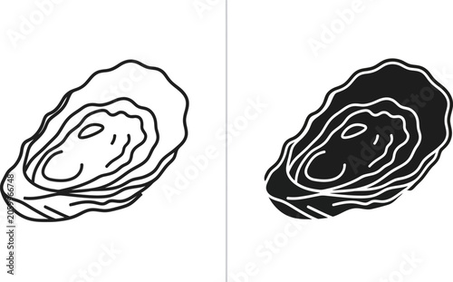 Open oyster icons in outline and solid fill on white background for culinary design