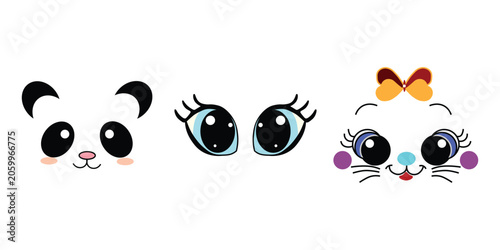 Kawaii animal face vector set, cute panda and kitten character expressions, adorable cartoon eyes with bow for nursery decor