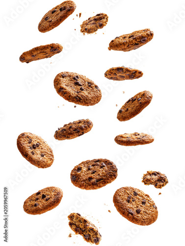 Assorted Chocolate Chip Cookies Falling Isolated on Transparent Background