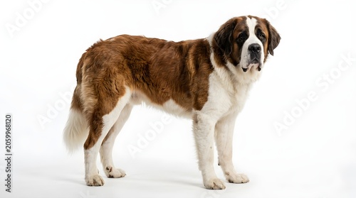 Large brown and white saint bernard dog isolated on white background