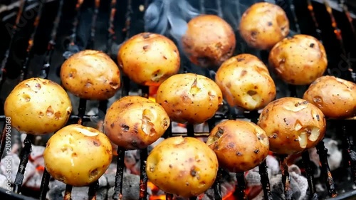 Grilled potatoes on a barbecue with smoke and intense heat outdoors
