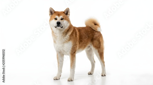 Adorable akita dog standing isolated on white background