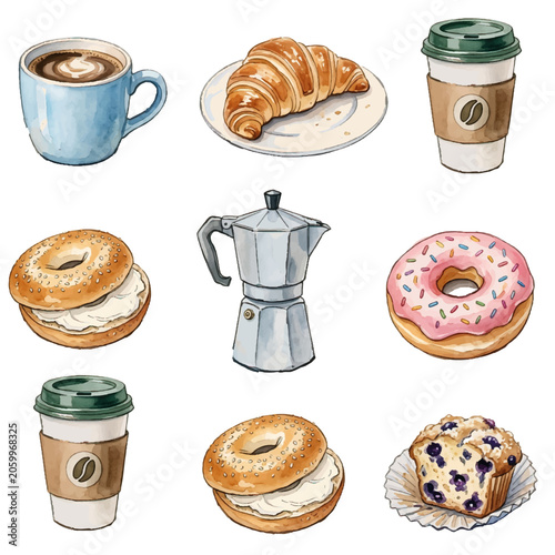 Assorted breads and pastries collection including loaves, buns, croissants, cakes, cookies and biscuits isolated on white background