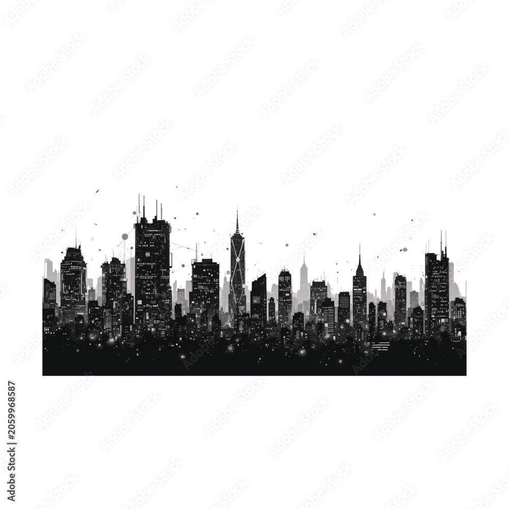 Obraz premium Skyscrapers form a dense urban skyline silhouette against a plain white background, providing extensive copy space for modern architectural design projects and city planning presentations.