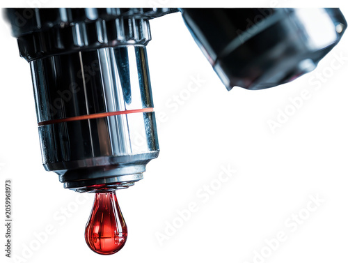 Close-up of a laboratory microscope focusing on a red liquid droplet with black background