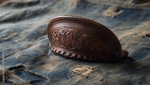 A solitary saddle cantle resting on worn denim fabric, symbolizing a journey's pause.