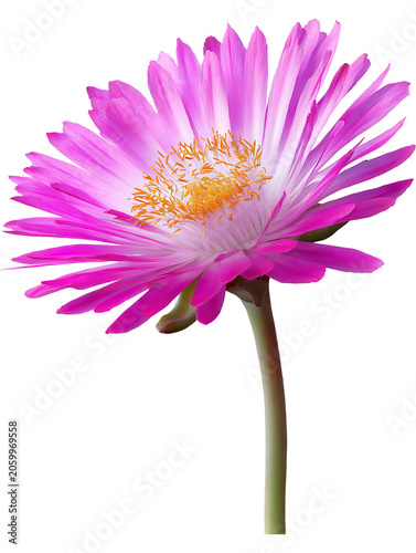 Close-up of pink and white desert blossom with yellow stamens on green stem