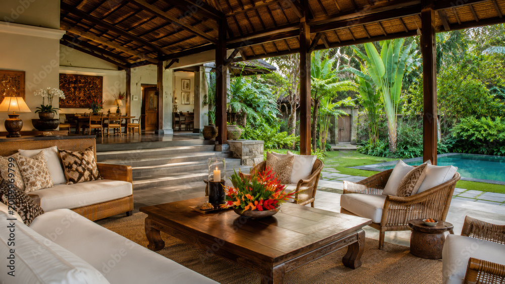 Fototapeta premium Summer, tropical vacation. Balinese-style open-air villa and an open view to a lush green garden and glimpse of pool beyond