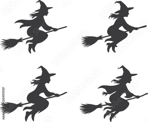 Foto Set of Minimalist black witch flying on a broomstick silhouette vector icon