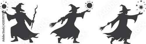 Konstfotografi Set of three Minimalist black wizard sorcerer casting spell silhouette vector ic