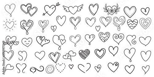Collection of hand drawn heart shapes and love symbols on a white background