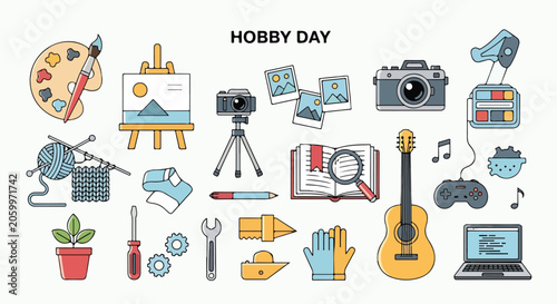 Fotografía A colorful illustration of various hobby-related objects