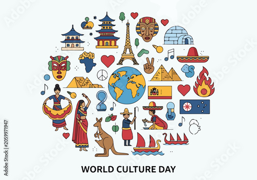 Photos A colorful illustration of global culture symbols and landmarks