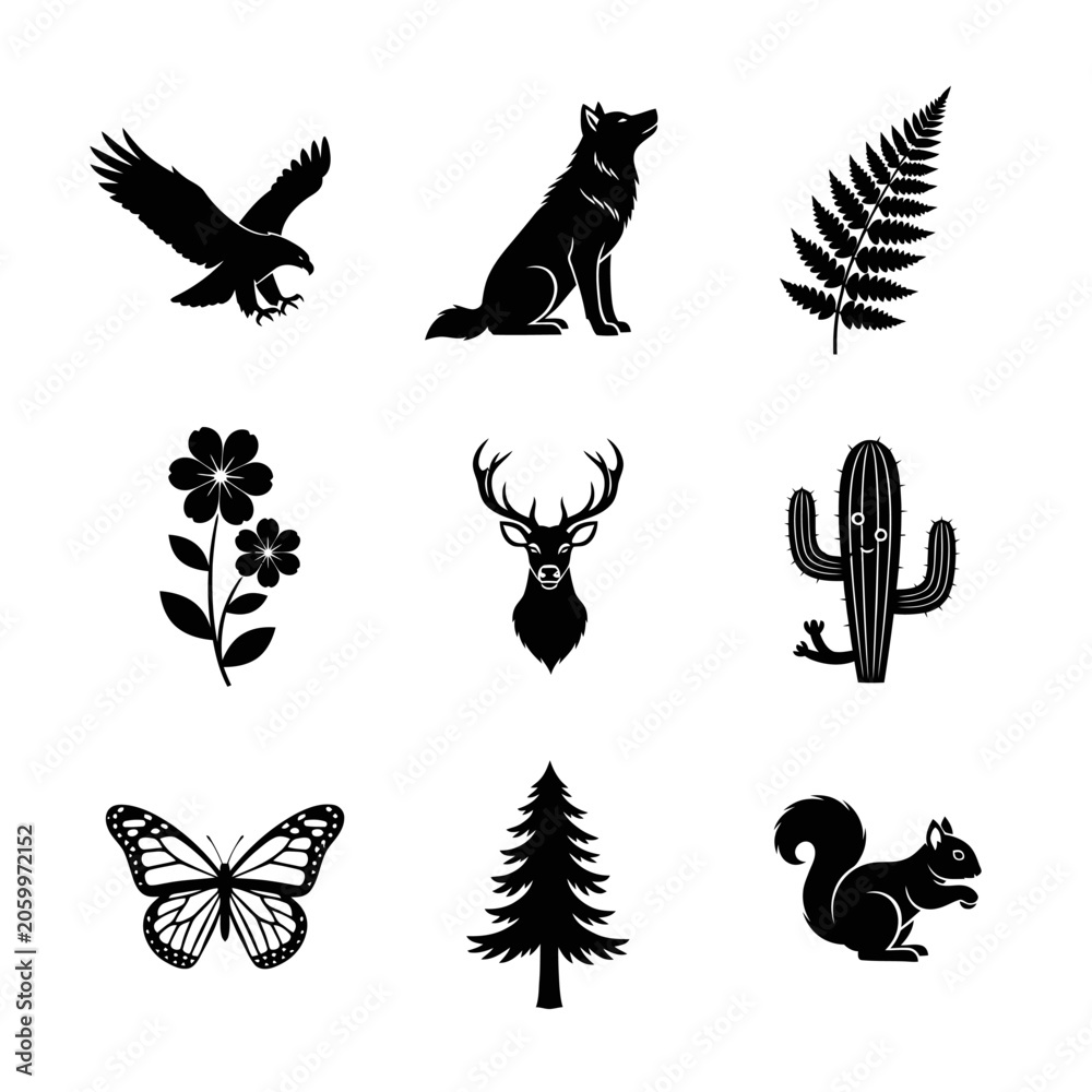 Fototapeta premium Collection of nature icons including animals plants and insects in black silhouette style.