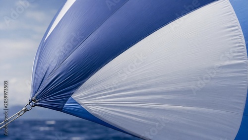Close-up of taut spinnaker sail fabric bulging under strong wind.