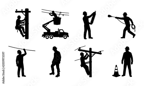 Fotografie Electrician Silhouettes Set: Power Line Workers, Utility Poles, Bucket Truck, Sa