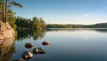 Serene Lake Shore With Smooth Rocks And Trees Peaceful Waterside Landscape With Calm Reflections And Natural Tranquility Soft Daylight Realistic Travel Photography No Logos