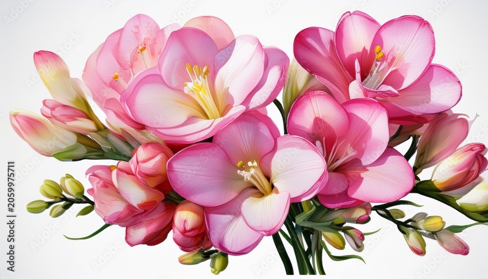 Obraz premium Pink Freesia Flowers Floral Composition Isolated On Transparent Background With Shadow Cut Out Isolated On White Background Ai Generated