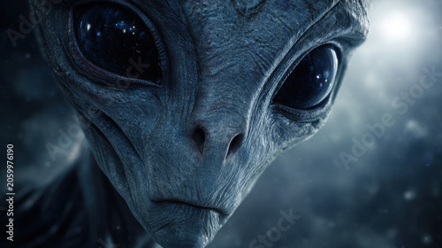 Contemplative grey alien portrait with large black eyes against dark blue cosmic nebula background