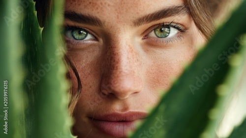 Woman's face with green eyes peeking through aloe vera leaves