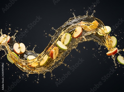 Dynamic apple juice splash with fresh apple slices on dark background