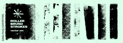 Grunge Roller Brush Stroke Vector Texture Set. Grunge roller brush stroke set on a pale mint background with rough paint textures, splatter edges. Linocut Brayer Roller Ink Texture Set. Vector