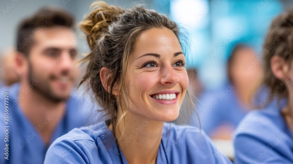 Fototapeta premium Young smiling woman in scrubs attentively listening in a classroom setting