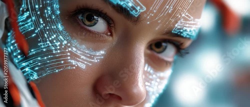 Future Vision: A close-up portrait of a woman adorned with futuristic digital circuitry and glowing fiber optics on her face, symbolizing advanced technology and human integration.